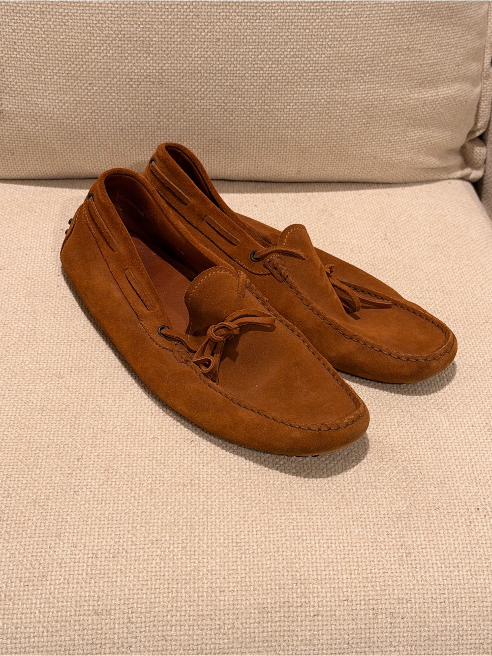 Tod's Chestnut Brown Suede Tassel Driving Loafers